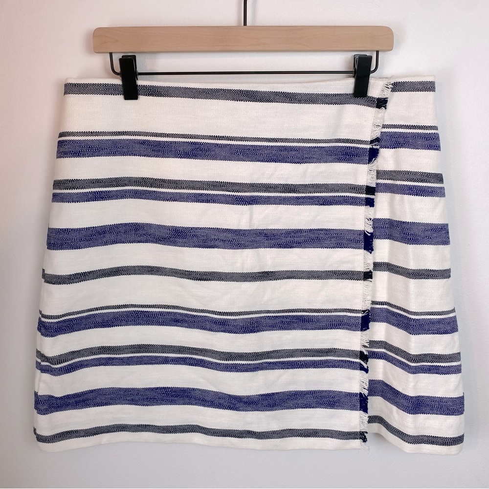 LOFT Cream, Navy Blue & Black Striped Wrap Skirt Fringe | Size 14